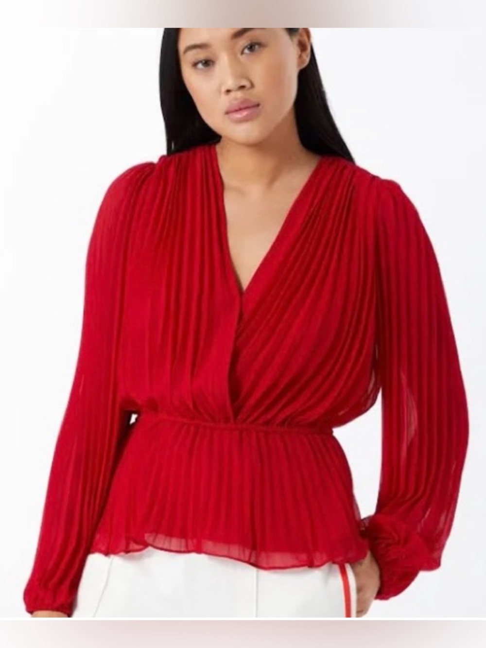 DKNY Red Surplice Neckline Pleated Blouse Size Small